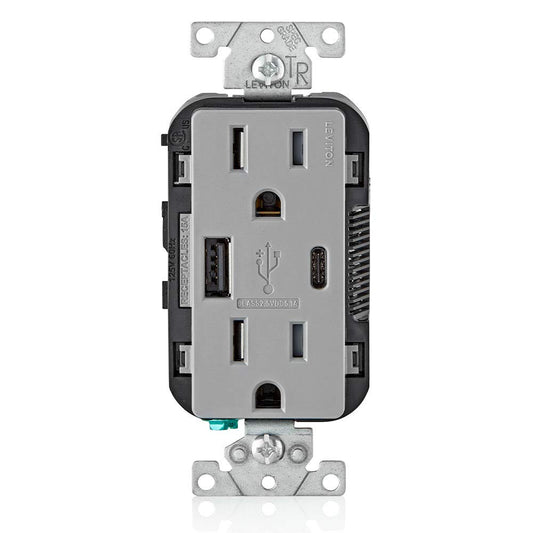 Leviton USB Type A-C Receptacle, 15 Amp Tamper-Resistant, T5633-0GY, Grey