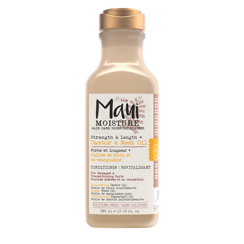 Maui Moisture Strength & Length + Castor & Neem Oil Conditioner, Curly Hair Product for Dry, Damaged Hair, 385 mL