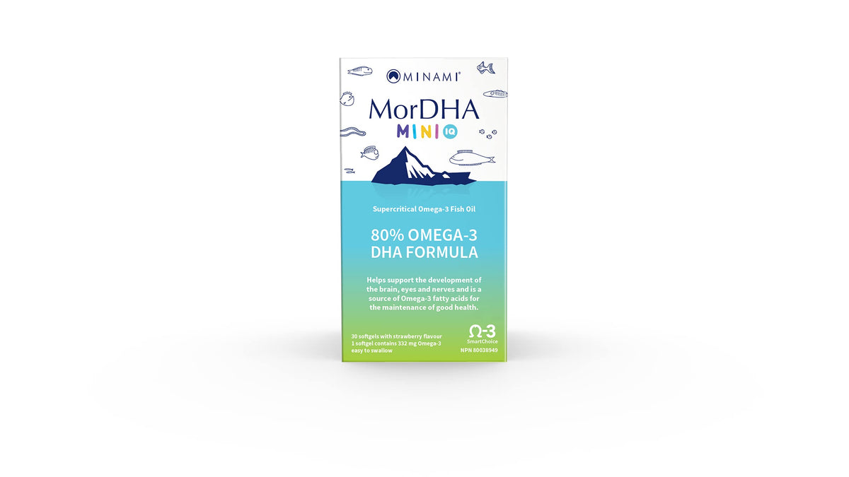 Minami MorDha Mini I.Q. Softgels, 30 Count, Strawberry. Helps to support the development of the brain, eyes and nerves and is a source of omega-3 fatty acids for the maintenance of good health. Highest children's DHA formula.
