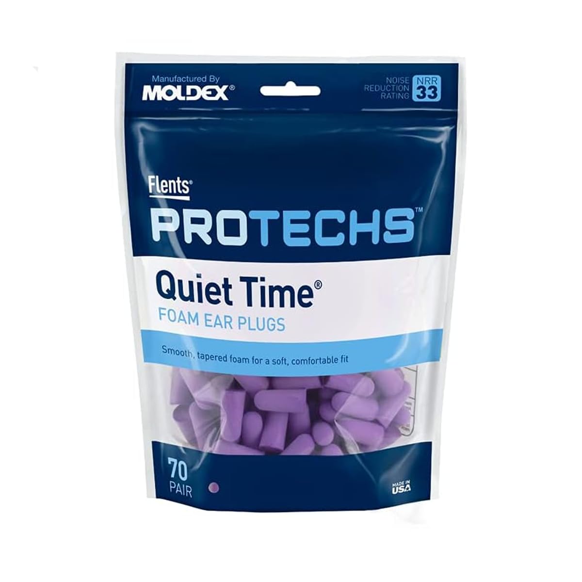 Flents Foam Ear Plugs, 70 Pair for Sleeping, Snoring, Loud Noise, Traveling, Concerts, Construction, & Studying, NRR 33, Purple, Made in the USA