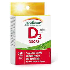 Jamieson Vitamin D3 1,000 IU Drops, Supports Immune Health, Strong Bones and Teeth, Enhances Calcium and Phosphorus Absorption. Non-GMO, Gluten-Free, No Artificial Flavours, Colours or Preservatives, 360 Liquid Drops, Proudly Canadian