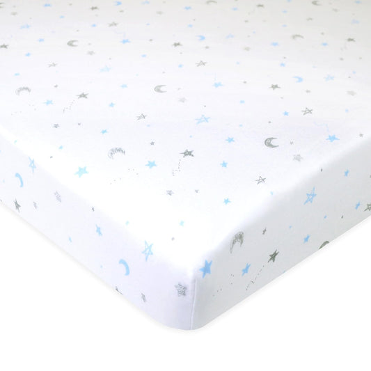 American Baby Company 100% Natural Cotton Fitted Pack and Play Sheet 39" x 27" - Soft & Breathable Pack N Play Sheet for Playpen, Playard & Mini Crib Mattress, Blue Stars and Moons, for Boys & Girls