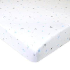 American Baby Company 100% Natural Cotton Fitted Pack and Play Sheet 39" x 27" - Soft & Breathable Pack N Play Sheet for Playpen, Playard & Mini Crib Mattress, Blue Stars and Moons, for Boys & Girls
