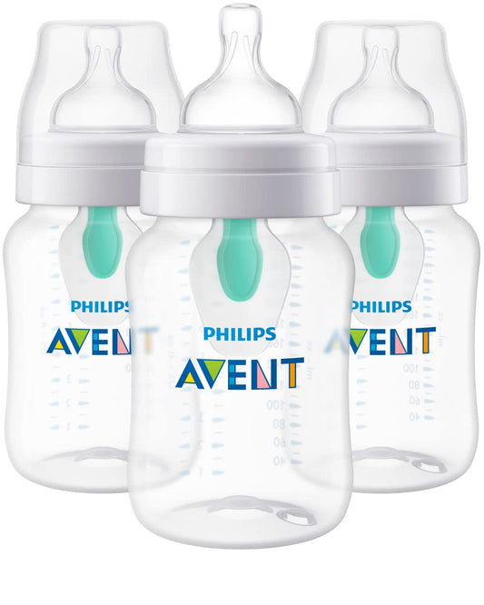 Philips Avent Anti-Colic Baby Bottle with AirFree Vent, Medium Flow 2 Nipple, 1m+, 9oz, 3 Pack, Clear, BPA-free, SCY703/03