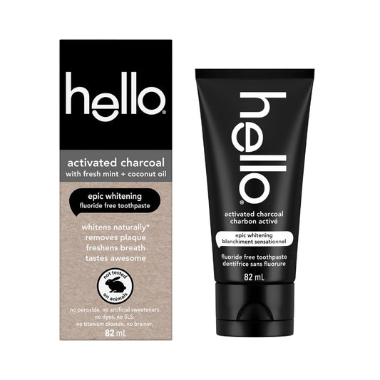 Hello Activated Charcoal Epic Teeth Whitening Toothpaste Fluoride Free, Fresh Mint & Coconut Oil, Vegan, SLS & Gluten Free, Peroxide Free, Dentifrice Blanchissant, 82 mL