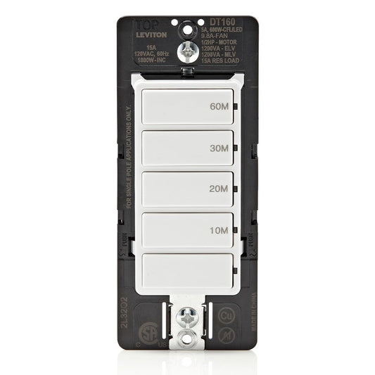 Leviton Countdown Timer Switch, 10-20-30-60 min, No Neutral Required, Single Pole, 15 Amp, DT160-1LW, White