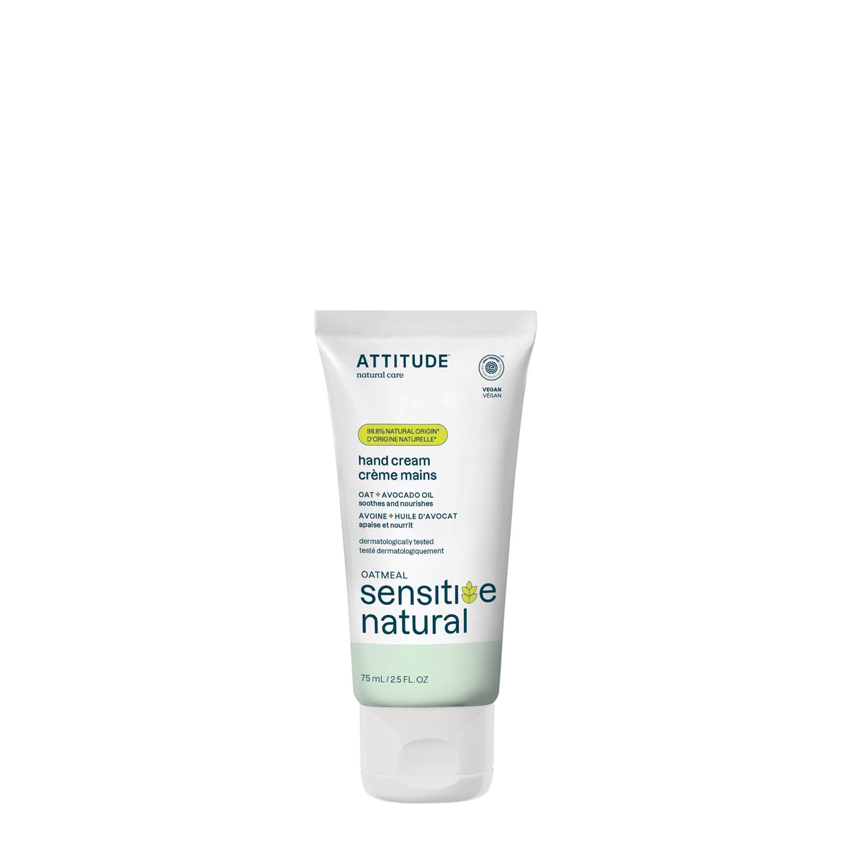 ATTITUDE Hand Cream for Sensitive Skin with Oat and Avocado Oil, Made in Canada, EWG Verified, Dermatologically Tested, Vegan, 75 mL