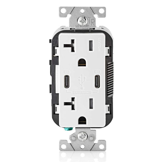 Leviton USB Dual Type C Receptacle, 20 Amp Tamper-Resistant, T5835-00W, White