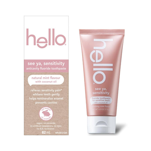 Hello See Ya Sensitivity Toothpaste, Fluoride Toothpaste for Sensitive Teeth, Soothing Mint Flavor with Coconut Oil, Vegan, Gluten Free, BPA Free, No Peroxide, 82mL