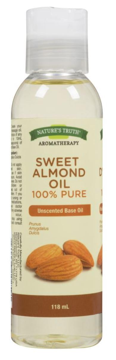 Nature's Truth Unscented Base Oil - 100% Pure Sweet Almond Oil, Pure and Plant-Based, Massage Oil, Aromatherapy or For Bath/Shower, 118 ml