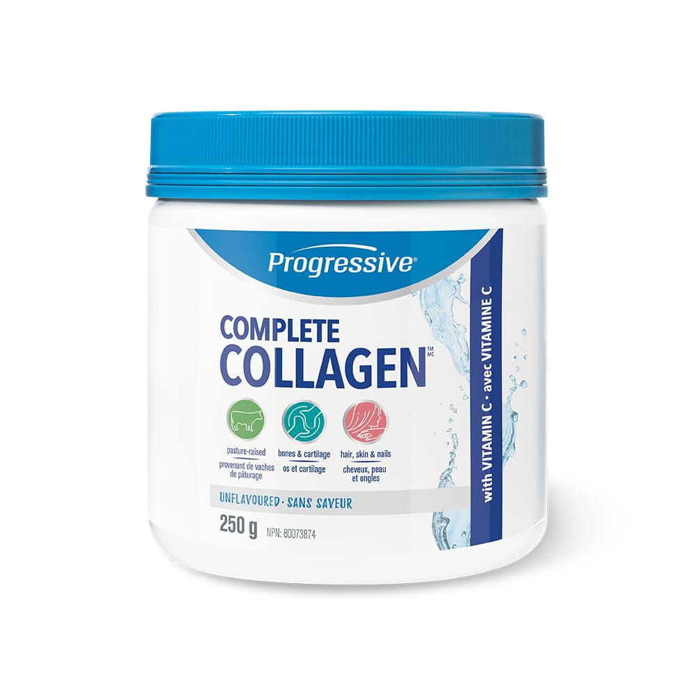 Progressive Complete Collagen Unflavoured, Canadian-Made, for Healthier Hair, Skin, Nails and Joints. Grass-Fed Non-GMO with Antioxidants, Hydrolyzed with Vitamin C for Best Absorption, 250 g