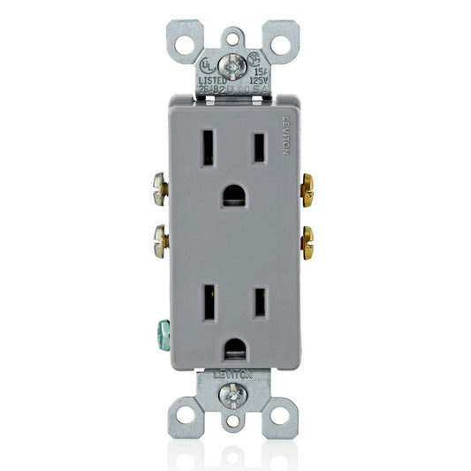 Leviton Decora Duplex Receptacle, 15 Amp, 125 Volt, Residential Grade, Grounding, 05325-0GY, Grey