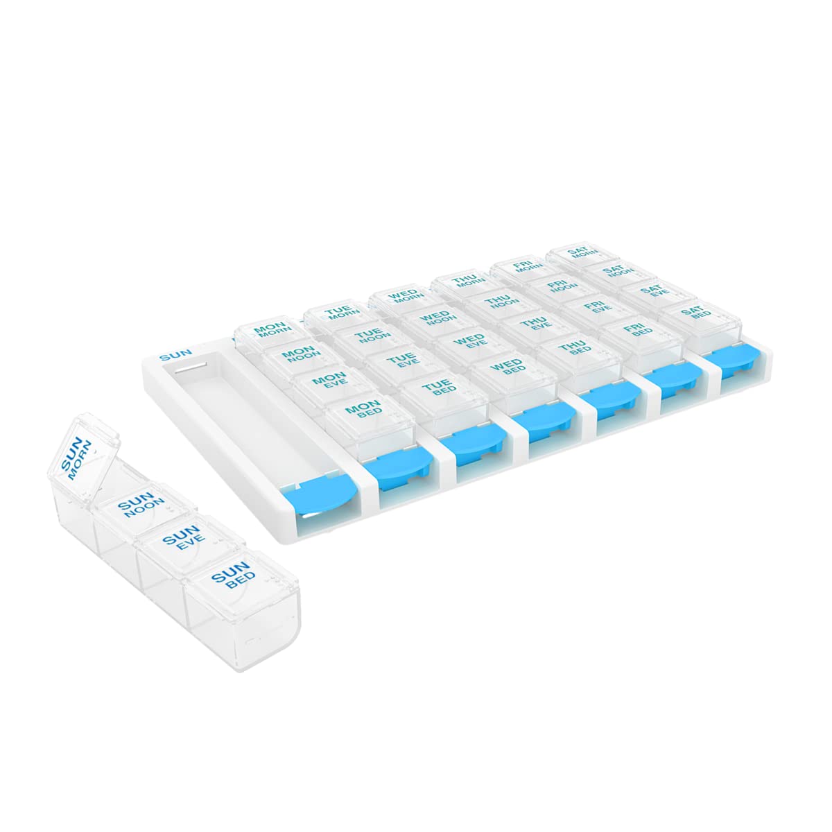 EZY DOSE Weekly (7 Day) 4 Times a Day Push Button Pill Organizer and Vitamin Planner, Removable Daily Pillboxes, Blue, Clear Lids, Large