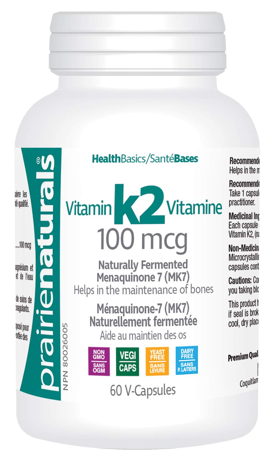 Prairie Naturals Vitamin K2 Mk-7 100mcg helps in the maintenance of bones - 60 Vegan capsules