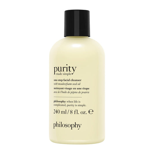 philosophy purity made simple one-step facial cleanser, gentle, respects skin's barrier, skin is soft, conditionned & fresh, removes make-up,240ml