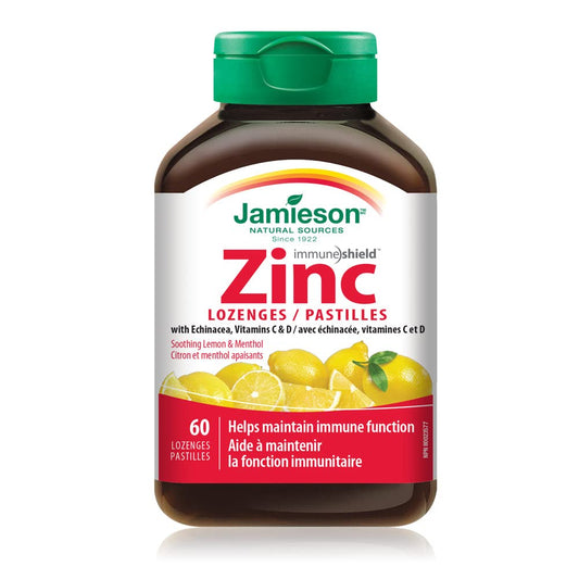 Jamieson Zinc Lozenges Soothing Lemon and Menthol Flavour, with Echinacea, Vitamin C and Vitamin D3, Soothes Sore Throat, and Provides Cold and Flu Symptom Relief. Gluten-Free, No Artificial Colours, Flavours or Preservatives, 60 Count, Proudly Canadian