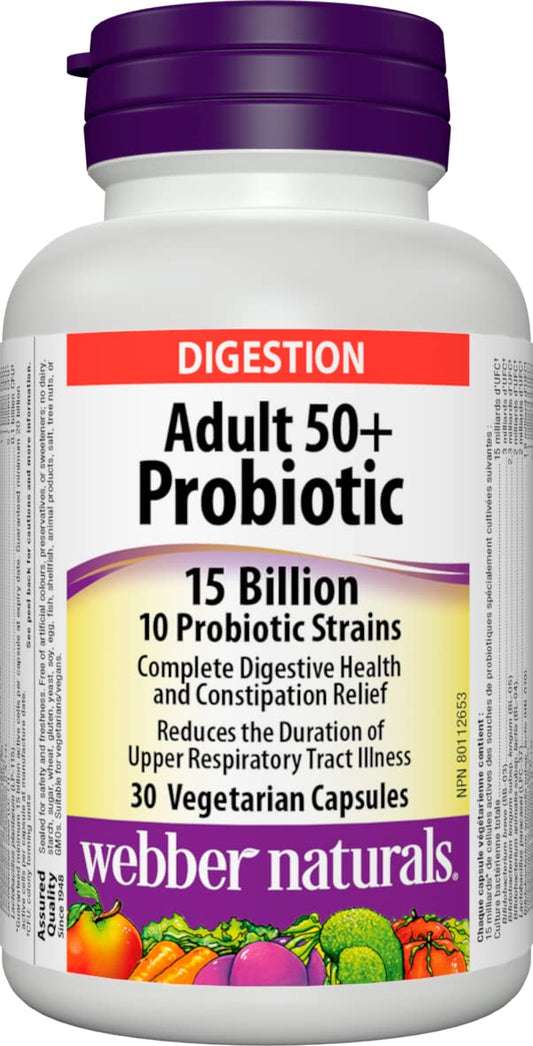 Webber Naturals Probiotic Adult 50+, 15 Billion Active Cells, 10 Probiotic Strains, 30 Capsules, For Digestive Health and Constipation Relief, Vegan
