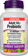 Webber Naturals Probiotic Adult 50+, 15 Billion Active Cells, 10 Probiotic Strains, 30 Capsules, For Digestive Health and Constipation Relief, Vegan