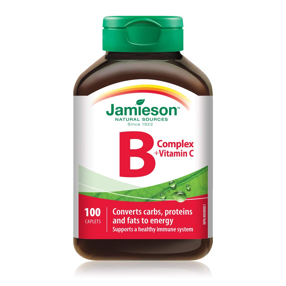 Jamieson Vitamin B Complex and Vitamin C 500 mg, with Folate for Cellular Health, Supports Energy Production, Metabolism, and Immune Health. Vegetarian, Gluten-Free, 100 Caplets, Proudly Canadian
