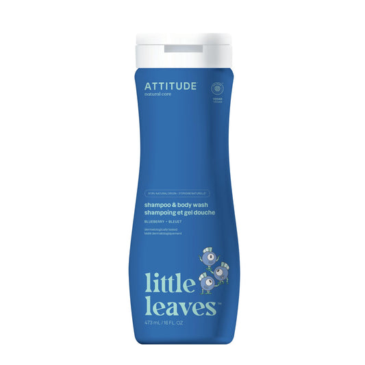 ATTITUDE Shampoo and Body Wash for Kids, Made in Canada, EWG Verified Hair and Body Cleanser, Dermatologically Tested Soap, Plant and Mineral Based Bath Products, Vegan, Blueberry, 473 mL