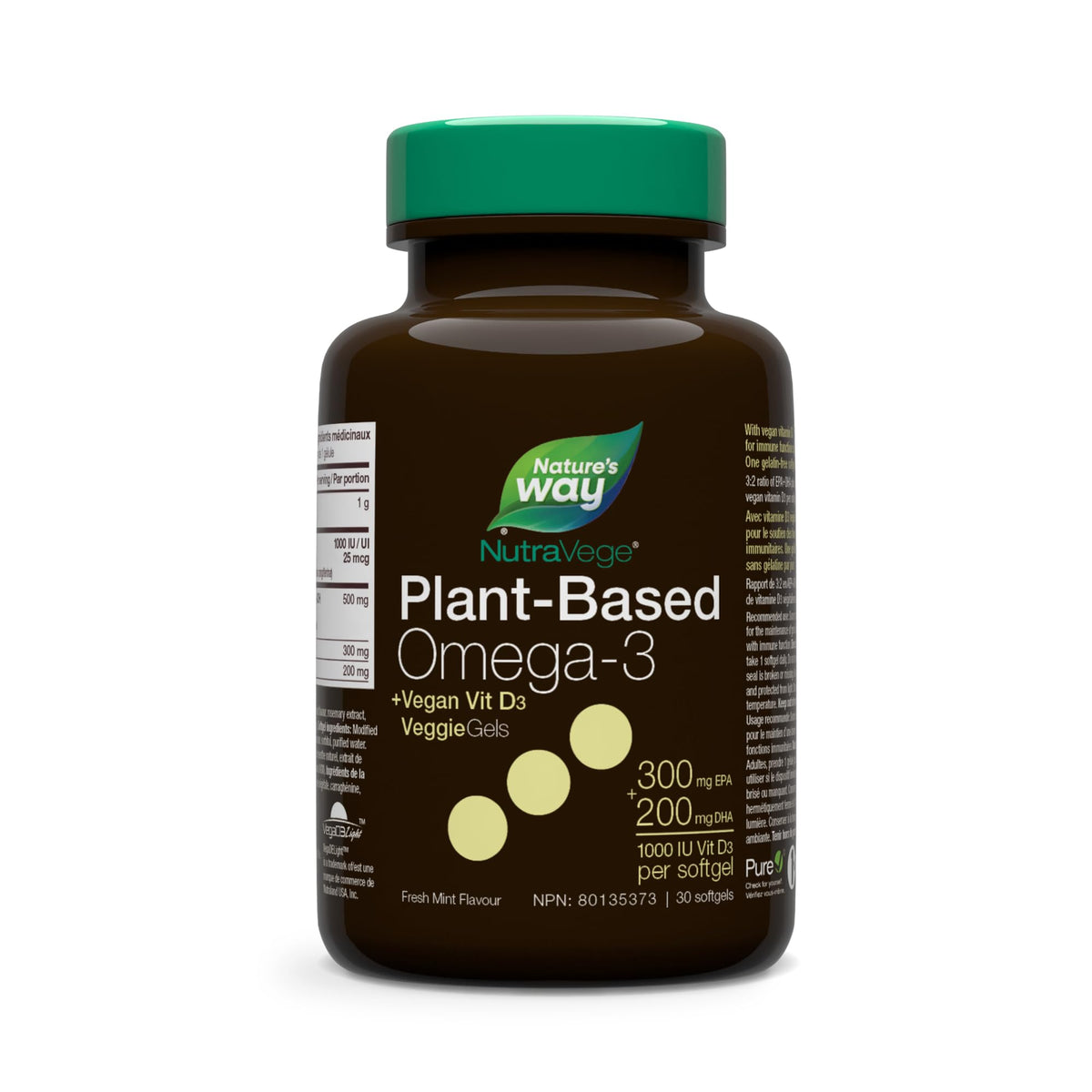 Nature's Way NutraVege Plant-based Omega-3 + D VeggieGels – Vegan-Friendly Omega-3 Supplement with 300mg DHA + 150mg EPA and 1000 IU Certified Vegan Vitamin D3 – Fresh Mint Flavour – 30 Softgels