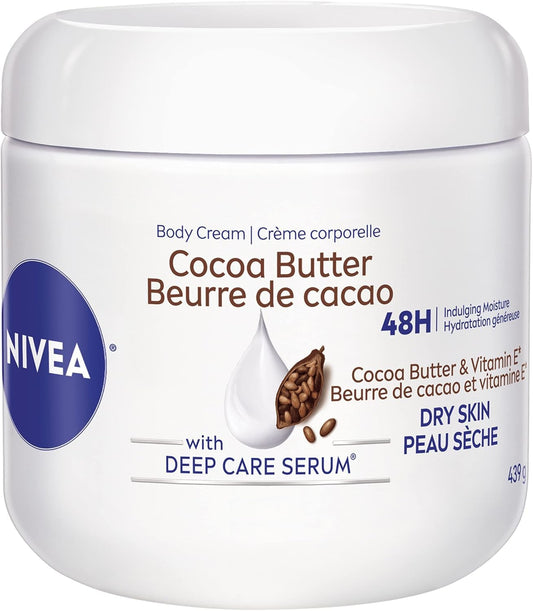 NIVEA Cocoa Butter Body Cream for Dry Skin, 48-Hour Moisturizing Body Butter, Fast-Absorbing, Non-Greasy Daily Body Moisturizer With Vitamin E and Cocoa Butter, Instant Dryness Relief, 439g