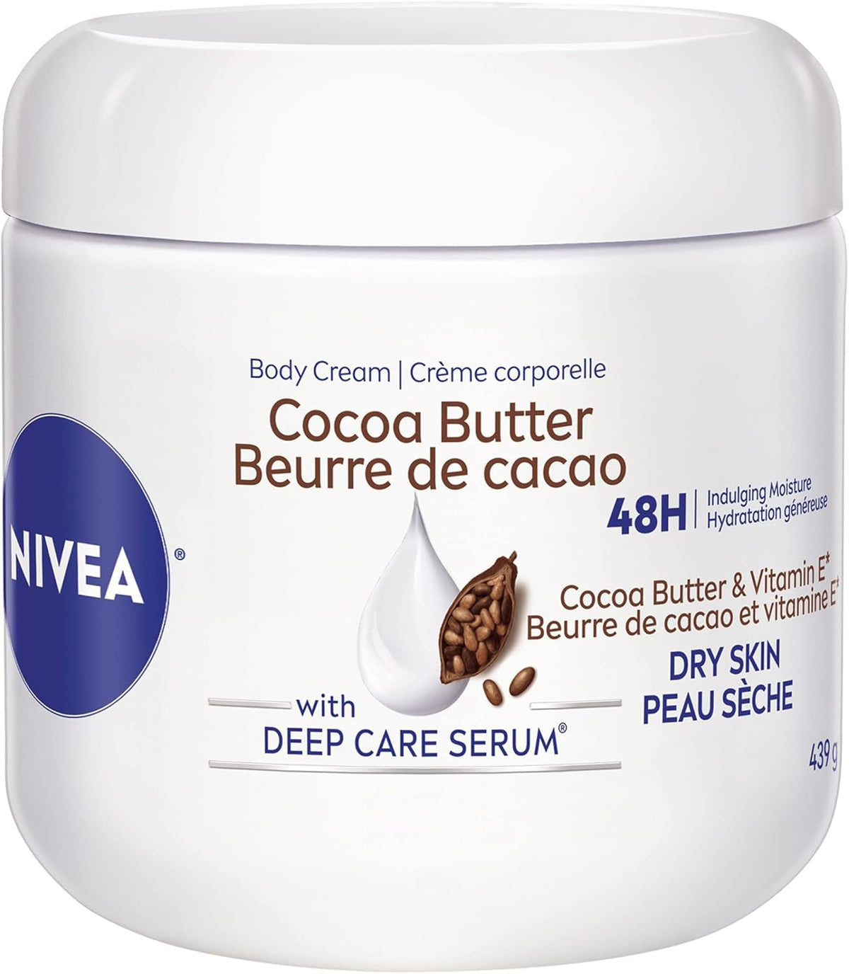 NIVEA Cocoa Butter Body Cream for Dry Skin, 48-Hour Moisturizing Body Butter, Fast-Absorbing, Non-Greasy Daily Body Moisturizer With Vitamin E and Cocoa Butter, Instant Dryness Relief, 439g