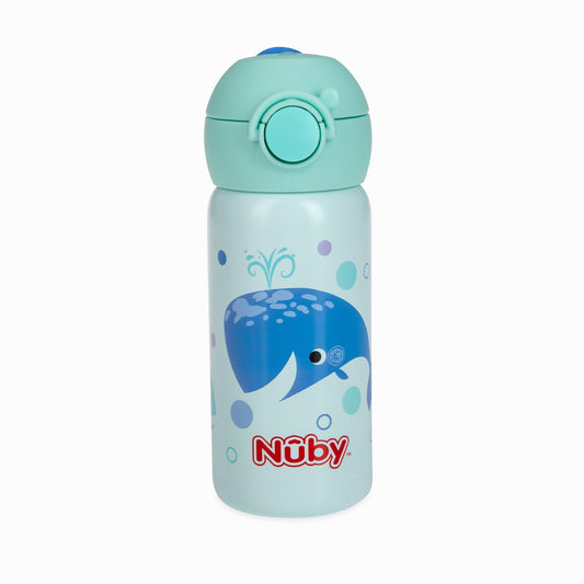 Nuby Thirsty Kids No Spill Flip-It Active Stainless Steel Travel Cup or Water Bottle - 14 Oz - 18+ Months - Mint Whale - Back to School Essentials