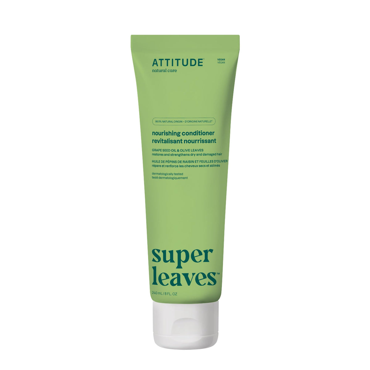 ATTITUDE Nourishing Hair Conditioner, Made in Canada, For Dry and Damaged Hair, Naturally Derived Ingredients, Vegan Detangler, Dermatologically Tested, Grapeseed Oil and Olive Leaves, 240 mL