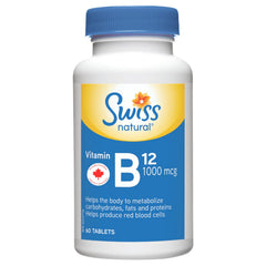 Swiss Natural Vitamin B12 (Cobalamin) 1000mcg | 60 Tablets | Helps metabolize carbohydrates, fats and proteins