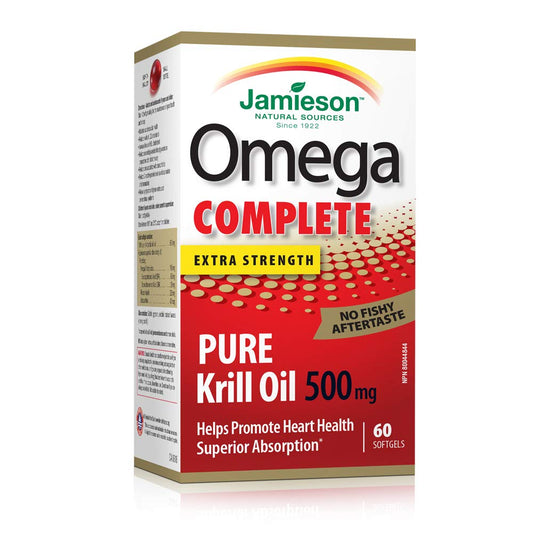 Jamieson Omega Complete Pure Krill Oil 500 mg Softgels, No Fishy Aftertaste, Supports Heart Health, and Provides Superior Absorption. With Antarctic Krill Oil, EPA, DHA, Phospholipids, and Astaxanthin, Gluten-Free, 60 Count, Proudly Canadian