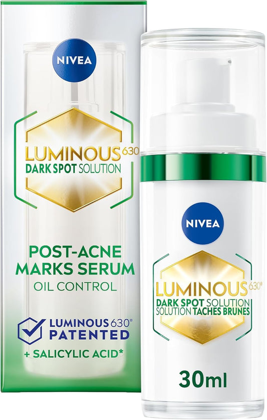 NIVEA LUMINOUS630 Dark Spot Solution Post-Acne Marks Face Serum for Combination and Oily Skin, Serum for Women with Hyaluronic and Salicylic Acid to Reduce Look of Post Acne Dark Marks, 30mL