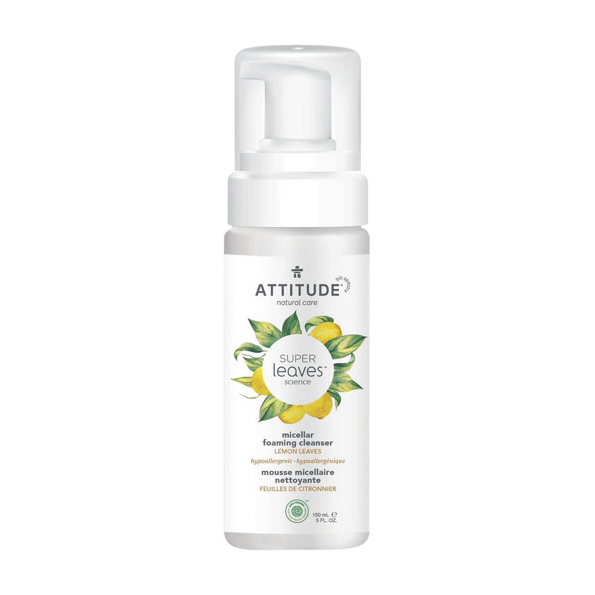 ATTITUDE Micellar Foaming Facial Cleanser, Made in Canada, EWG Verified, Dermatologically Tested, Plant and Mineral-Based, Vegan, Lemon Leaves, 150 mL