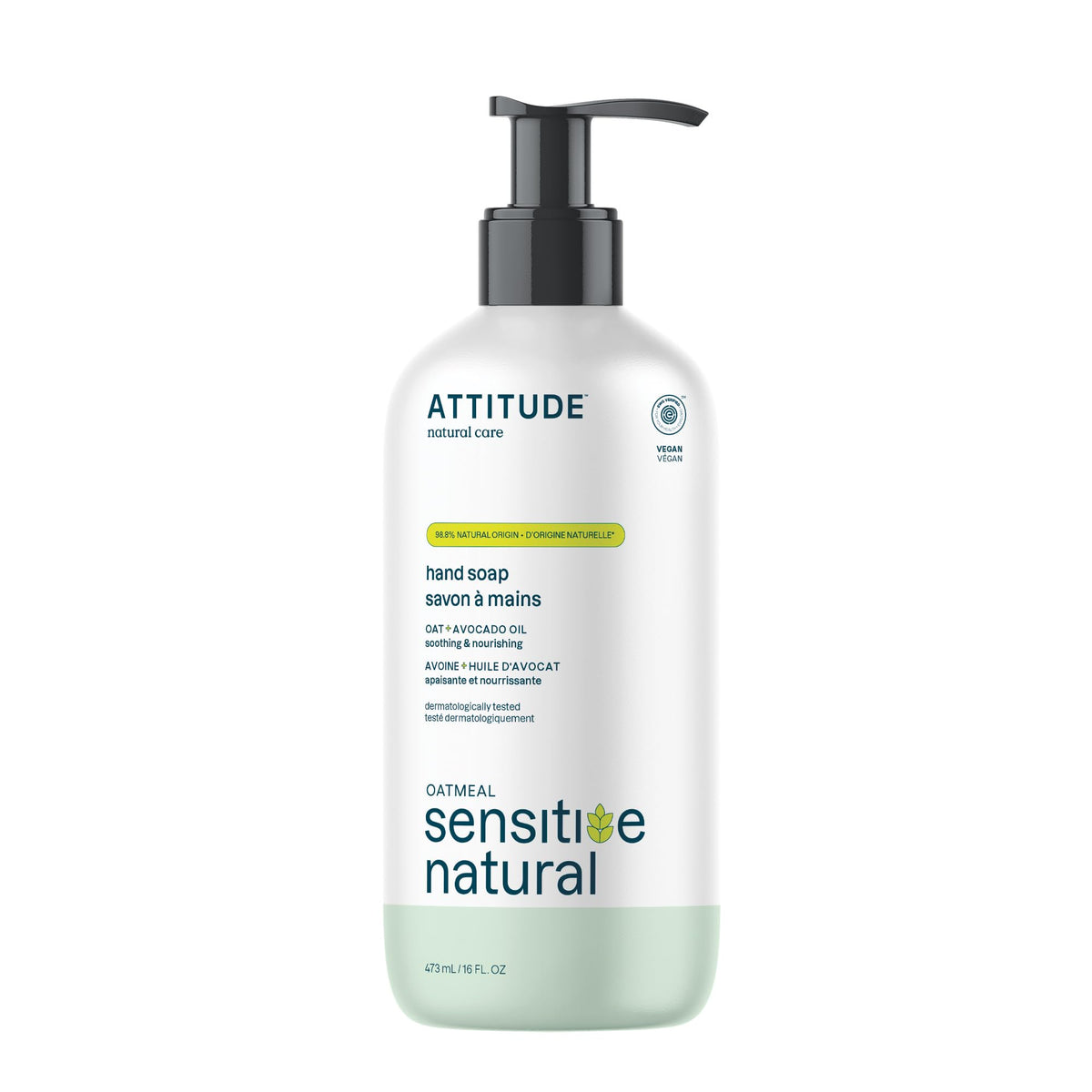 ATTITUDE Hand Soap for Sensitive Skin with Oat and Avocado Oil, Made in Canada, EWG Verified, Dermatologically Tested, Vegan, 473 mL