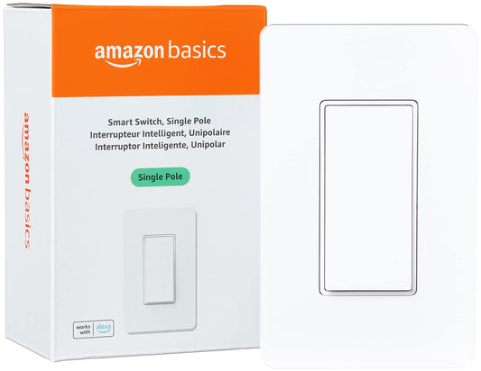 Amazon Basics Smart Switch, Single Pole, Works with Alexa Only, 2.4 GHz Wi-Fi, No Hub Required, White