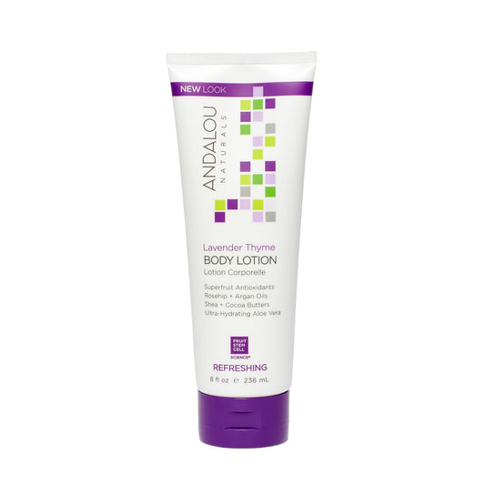Andalou Naturals Lavender Thyme Body Lotion - Refreshing All Over Body Lotion with Rosehip, Argan Oils, Shea, Cocoa Butter, and Ultra-Hydrating Aloe Vera, 236 mL.