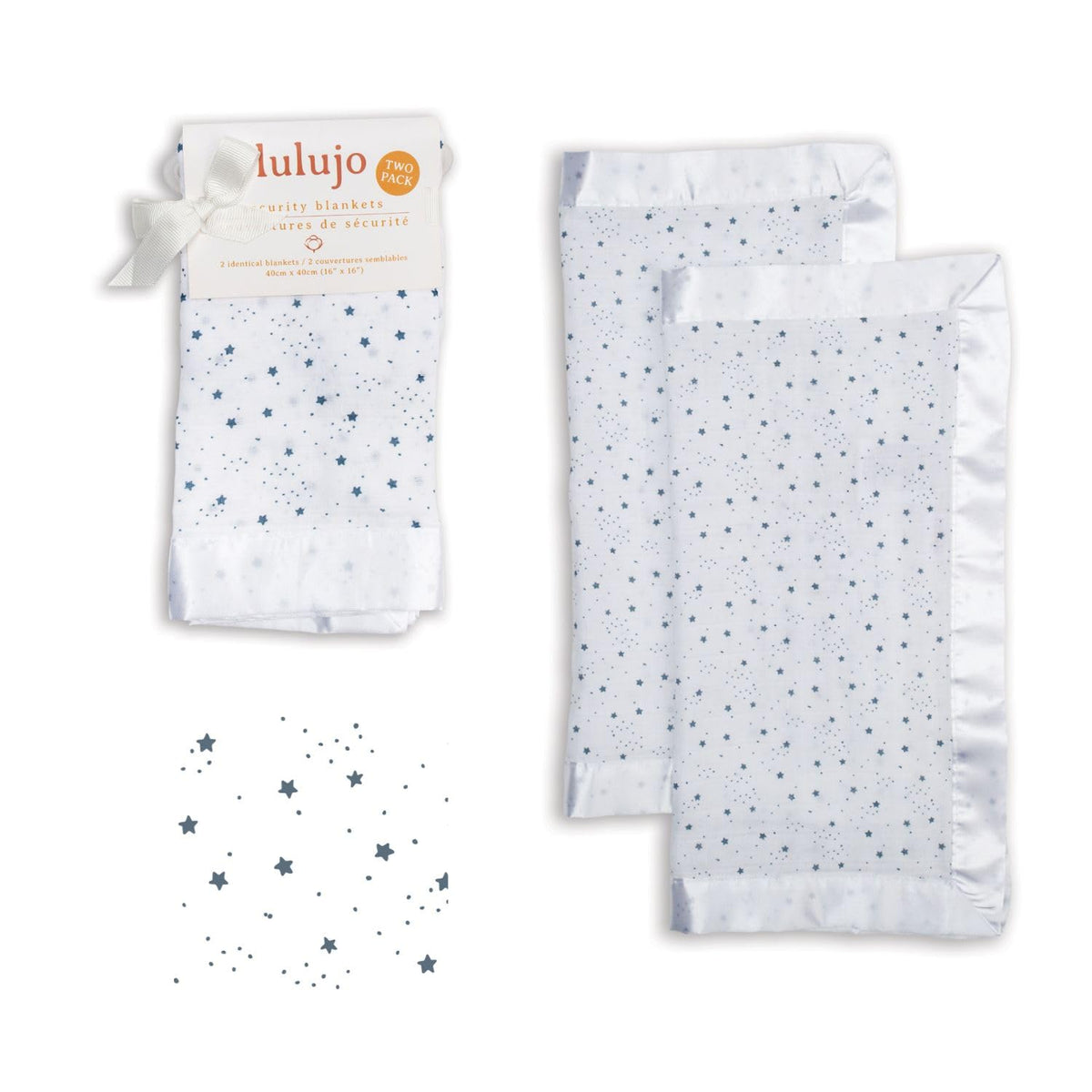 lulujo Baby Security Lovey Blankets| Unisex Softest Breathable Cotton Muslin Security Blanket with Silky Satin Trim| Neutral Comforting Blanket for Girls & Boys | 16in by 16 in| Stars