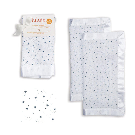 lulujo Baby Security Lovey Blankets| Unisex Softest Breathable Cotton Muslin Security Blanket with Silky Satin Trim| Neutral Comforting Blanket for Girls & Boys | 16in by 16 in| Stars
