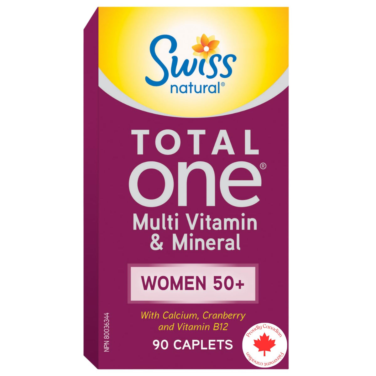 Swiss Natural Total One Multi Vitamin & Mineral | Women 50+ with Calcium, Cranberry & Vitamin B12, Without Iron | Daily Maintenance for Overall Health | No Preservatives or Dairy | 90 Caplets