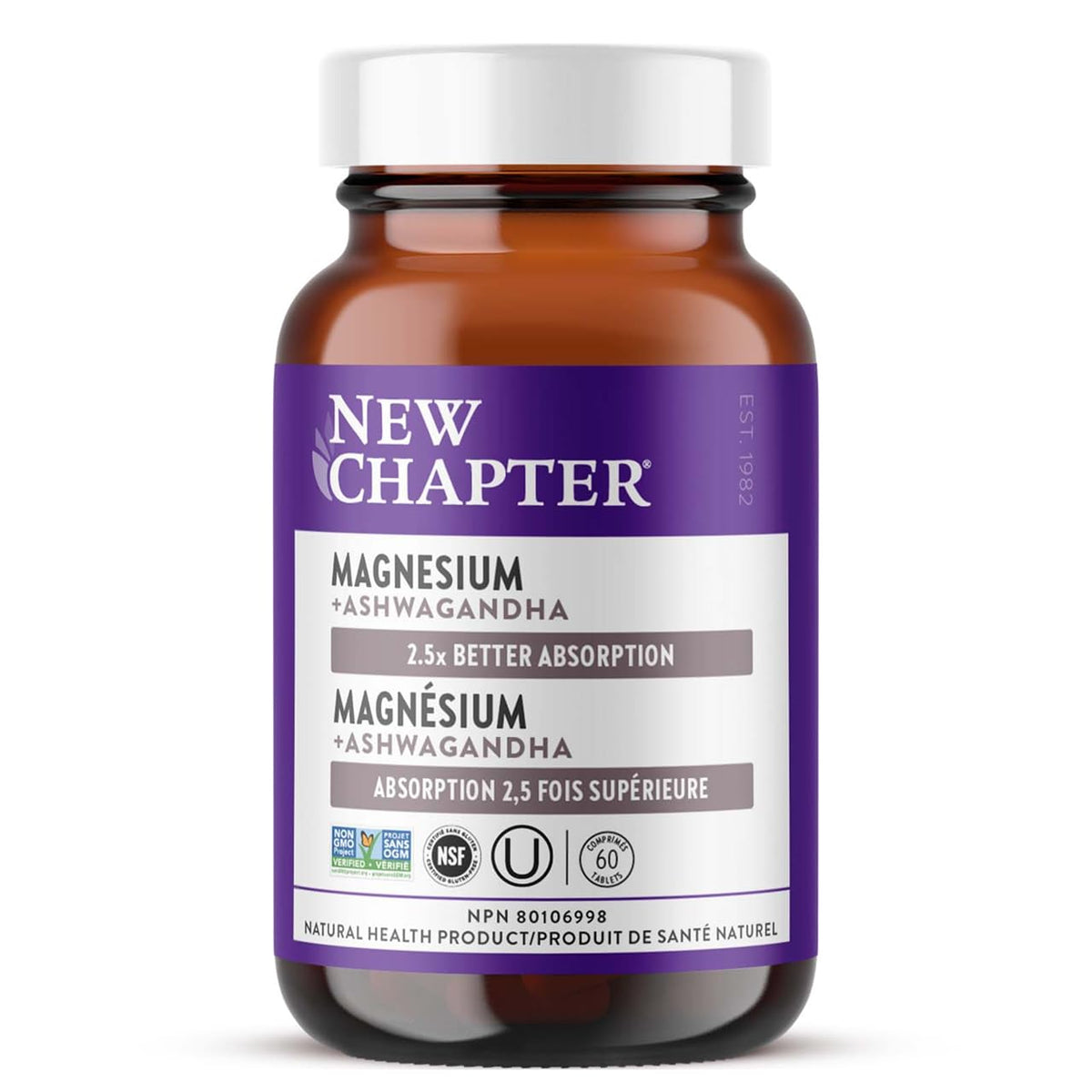 New Chapter Magnesium + Ashwagandha - Supports Muscle & Bone Health - Highly Absorbable - Non-GMO, Kosher, Vegan & Gluten Free - 60 Tablets