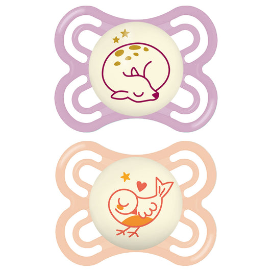 MAM Perfect Baby Premium Pacifier 0-6 Months, Extra Thin Nipple, Developed With Orthodontists, Clinically Proven, Glows In The Dark, BPA-Free Silicone, 2 Pack, Made In Europe