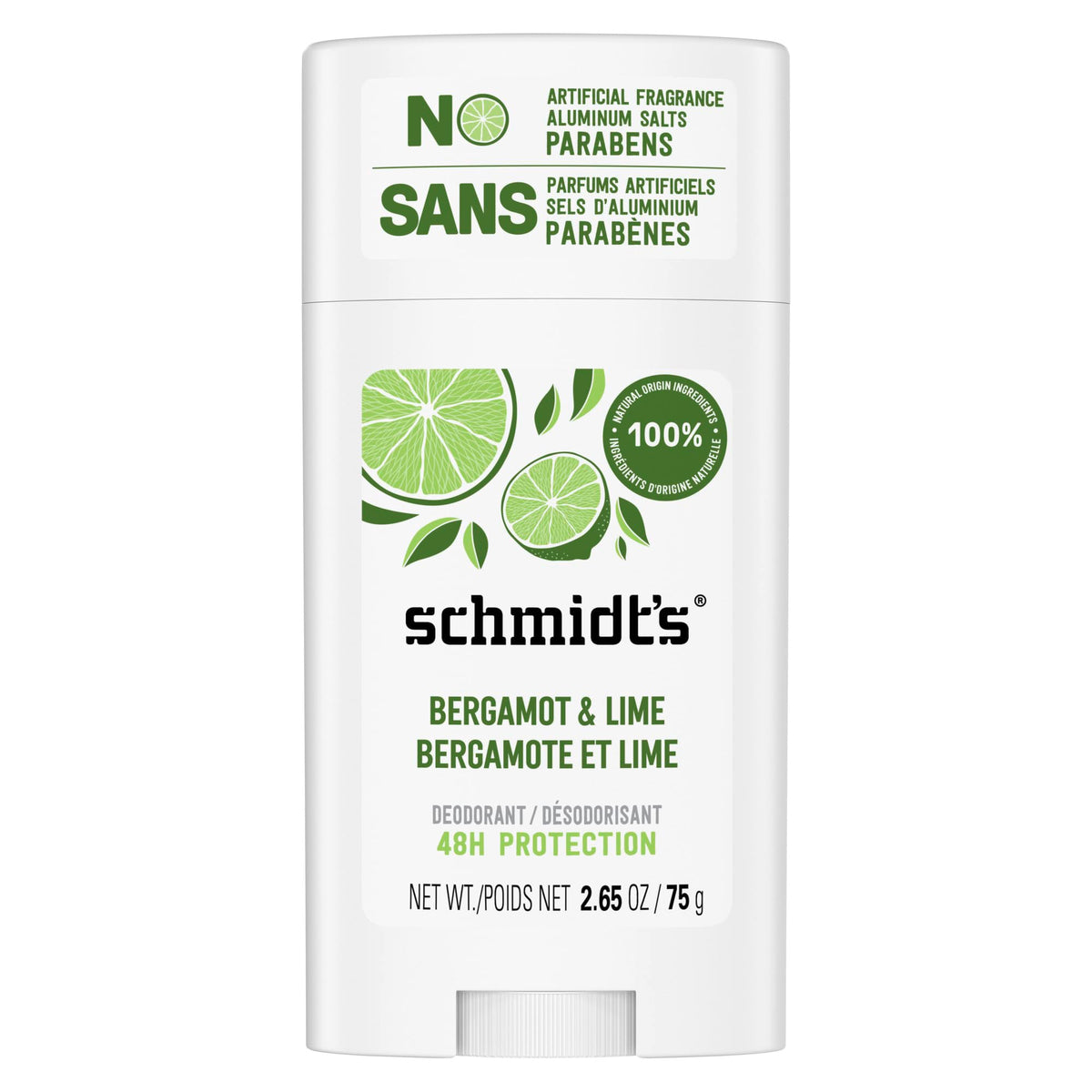 Schmidt's Natural Origin Deodorant, 48 Hour Protection, Bergamot & Lime, Deodorant for Men and Women, 75g