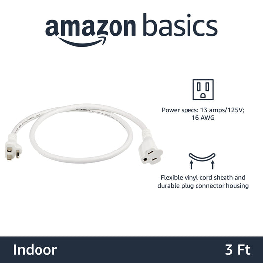 Amazon Basics 3-Foot Extension Cord - 13 Amps, 125V - 2-Pack, White