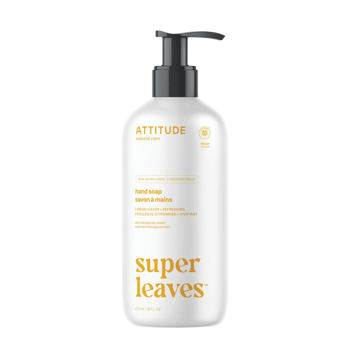 ATTITUDE Liquid Hand Soap, Made in Canada, EWG Verified, Plant and Mineral-Based, Vegan Personal Care Products, Lemon Leaves, 473 mL