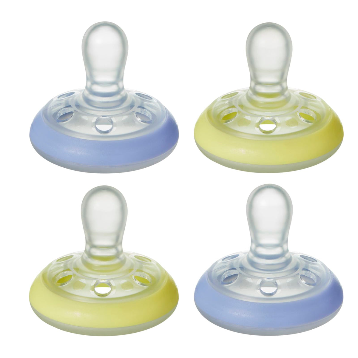Tommee Tippee Closer to Nature Night Time Soother Pacifier - BPA-free, Breast-Like Shape - Blue & Yellow - 0-6 Months, 4 Count