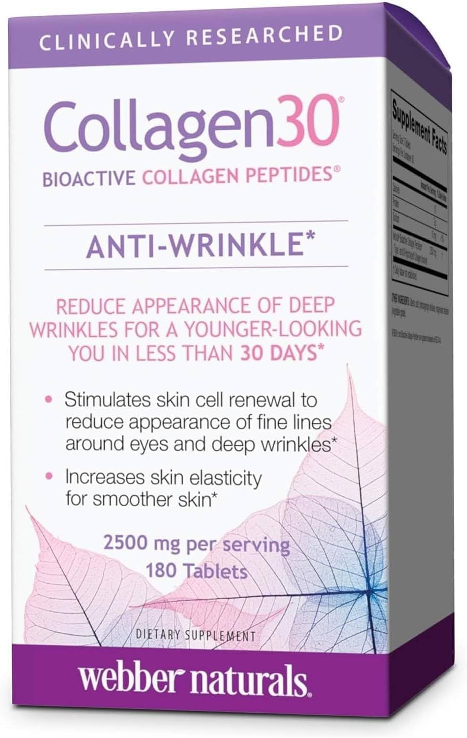 Webber Naturals Collagen30 Anti-Wrinkle, 2,500mg of Bioactive Collagen Peptides Per Serving, 180 Tablets, Helps Reduce Deep Wrinkles, Fine Lines & Stimulates Skin Cells