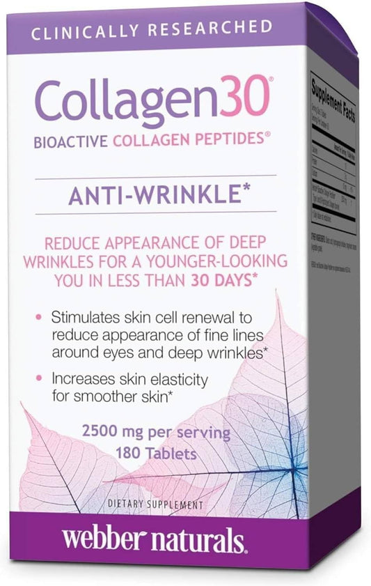 Webber Naturals Collagen30 Anti-Wrinkle, 2,500mg of Bioactive Collagen Peptides Per Serving, 180 Tablets, Helps Reduce Deep Wrinkles, Fine Lines & Stimulates Skin Cells