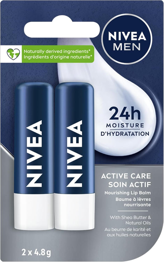 NIVEA MEN Active Lip Balm, (2 X 4.8g) | Made with Jojoba Oil & Shea Butter, 24H Hydration