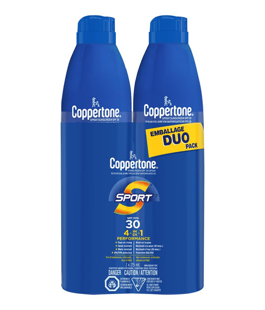 Coppertone Sport Sunscreen Spray SPF 30 Duo Pack, 4-in-1 Performance, Sweat and Water Resistant Spray Sunscreen Broad Spectrum SPF 30 UVA/UVB Protection, Oxybenzone Free, 2x 215mL