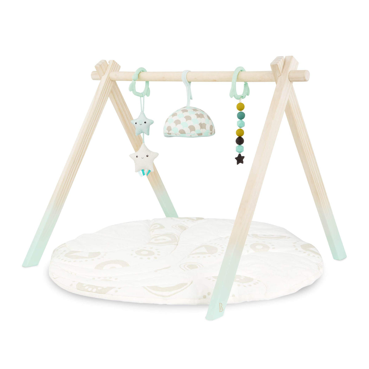B. Toys – Wooden Baby Play Gym – Activity Mat – Starry Sky – 3 Hanging Sensory Toys – Natural Wood – Babies, Infants